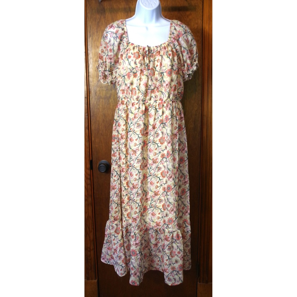 Wallflower Floral Maxi Dress XL Pink Cream Puff Sleeve Cottagecore Tiered Ruffle